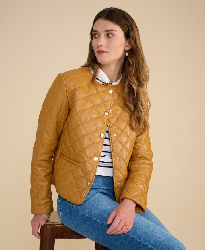 Marlowe caramel quilted leather jacket styled with denim for luxury casual wear