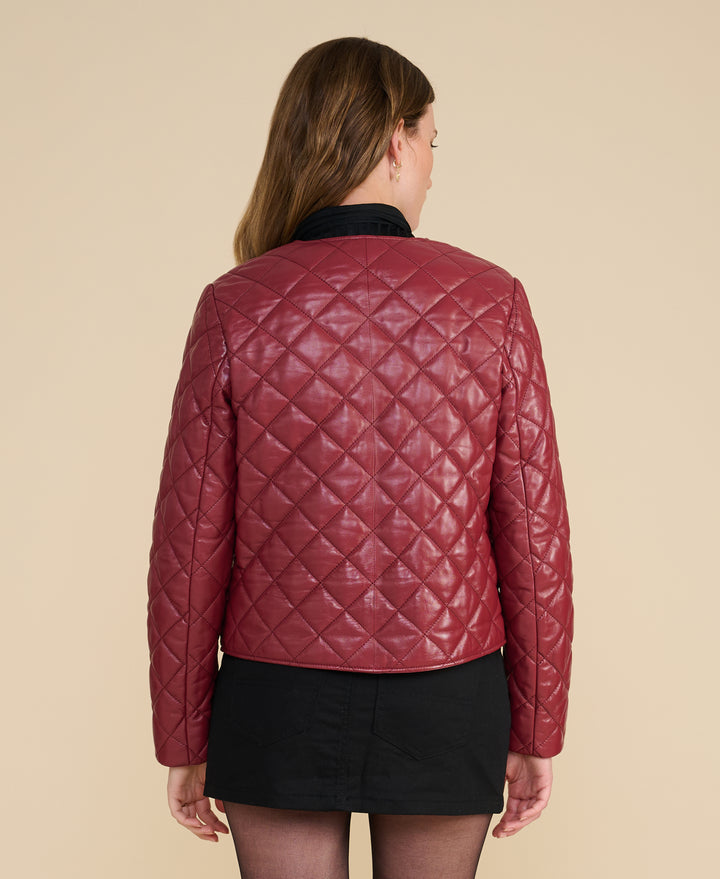 Marlowe light burgundy quilted leather jacket rear view premium leather outerwear