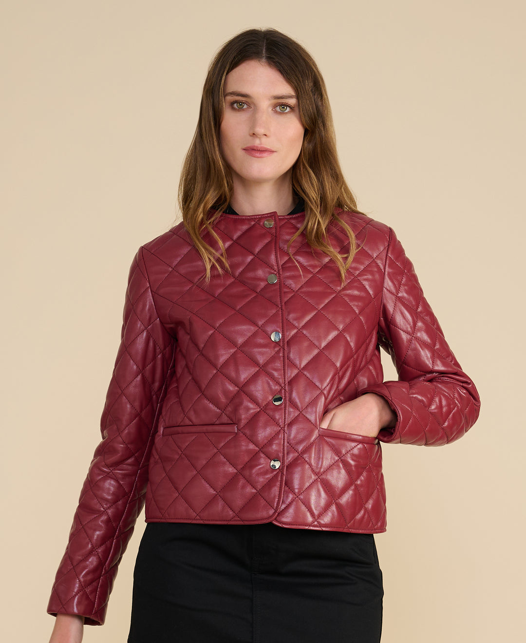 Marlowe light burgundy quilted leather jacket front view with diamond quilting