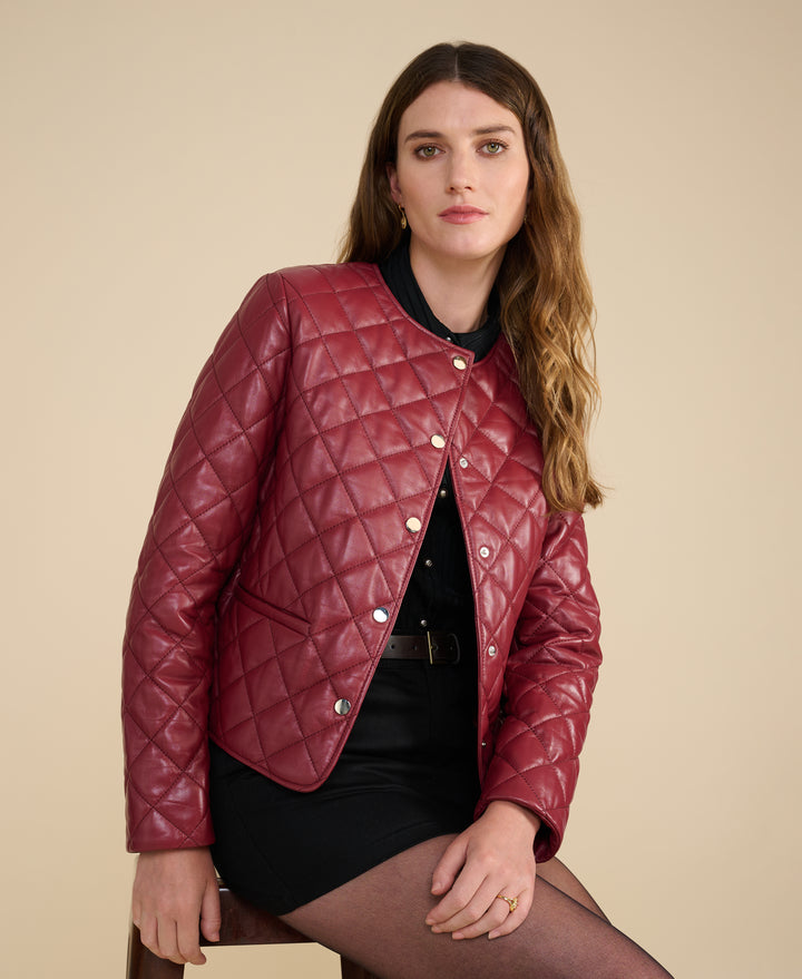 Marlowe light burgundy quilted leather jacket styled for Fall Winter 2026 luxury fashion