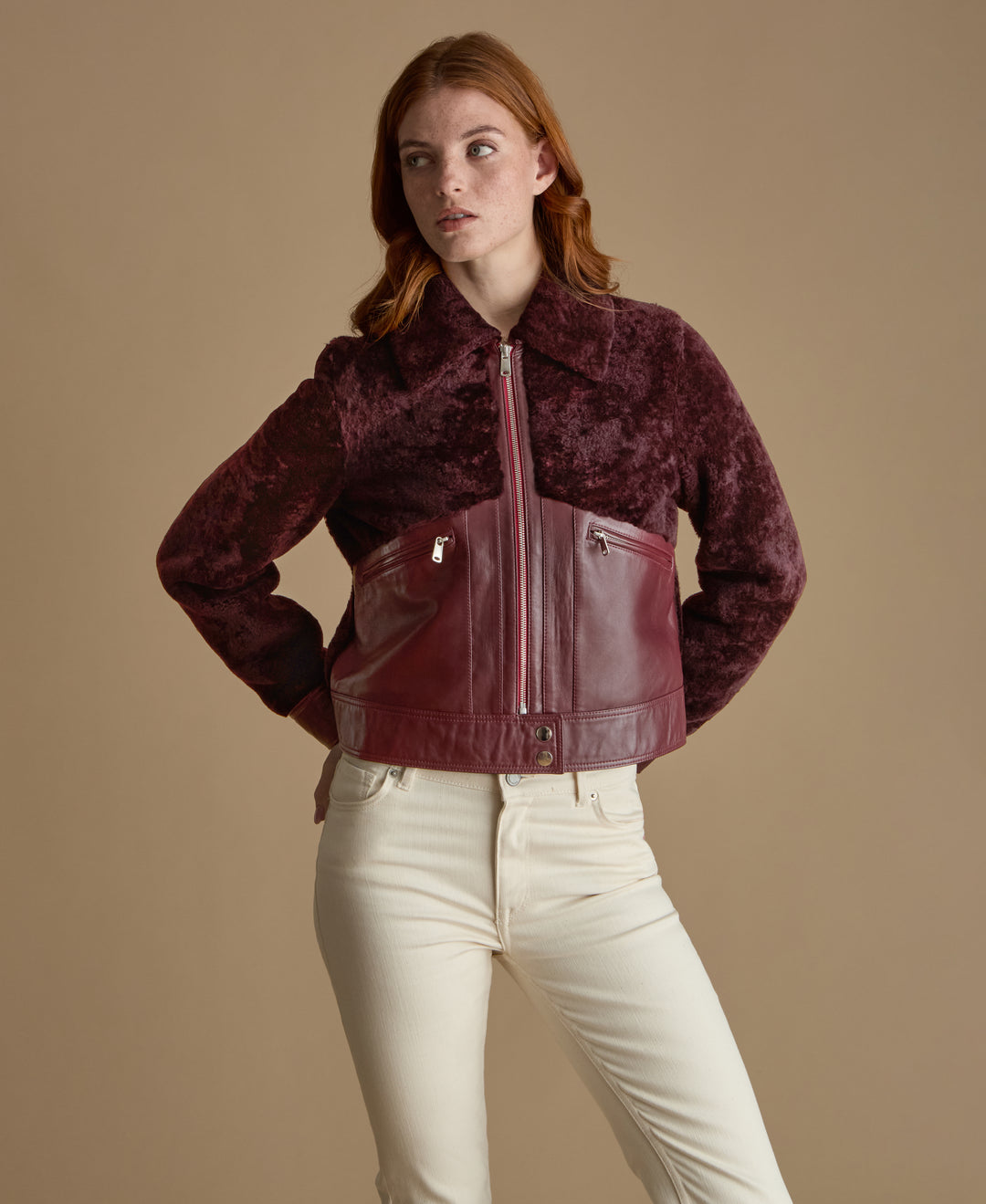 Emery burgundy leather and shearling jacket front view with structured collar