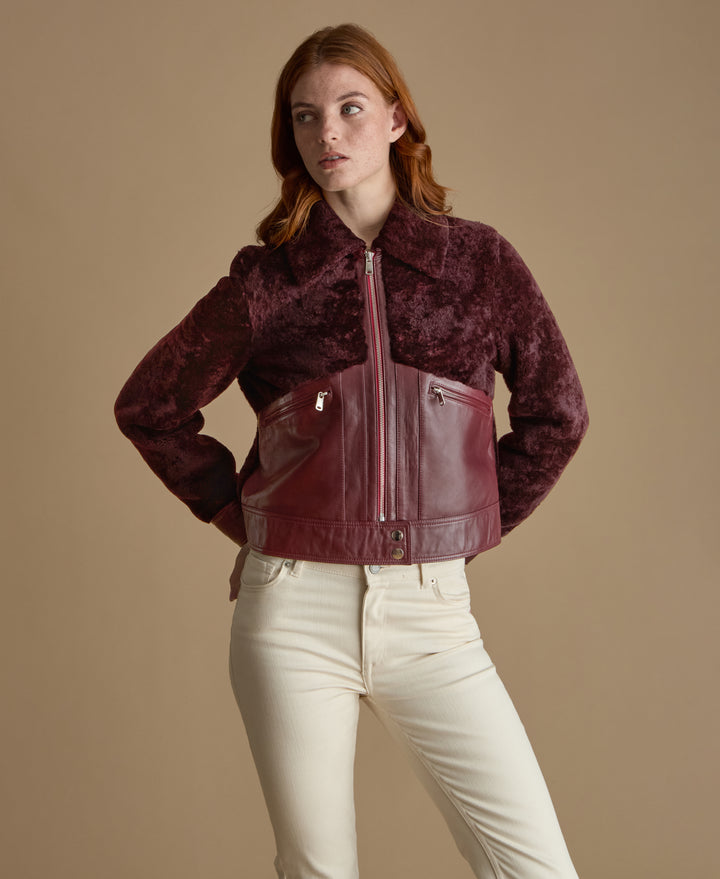 Emery burgundy leather and shearling jacket front view with structured collar