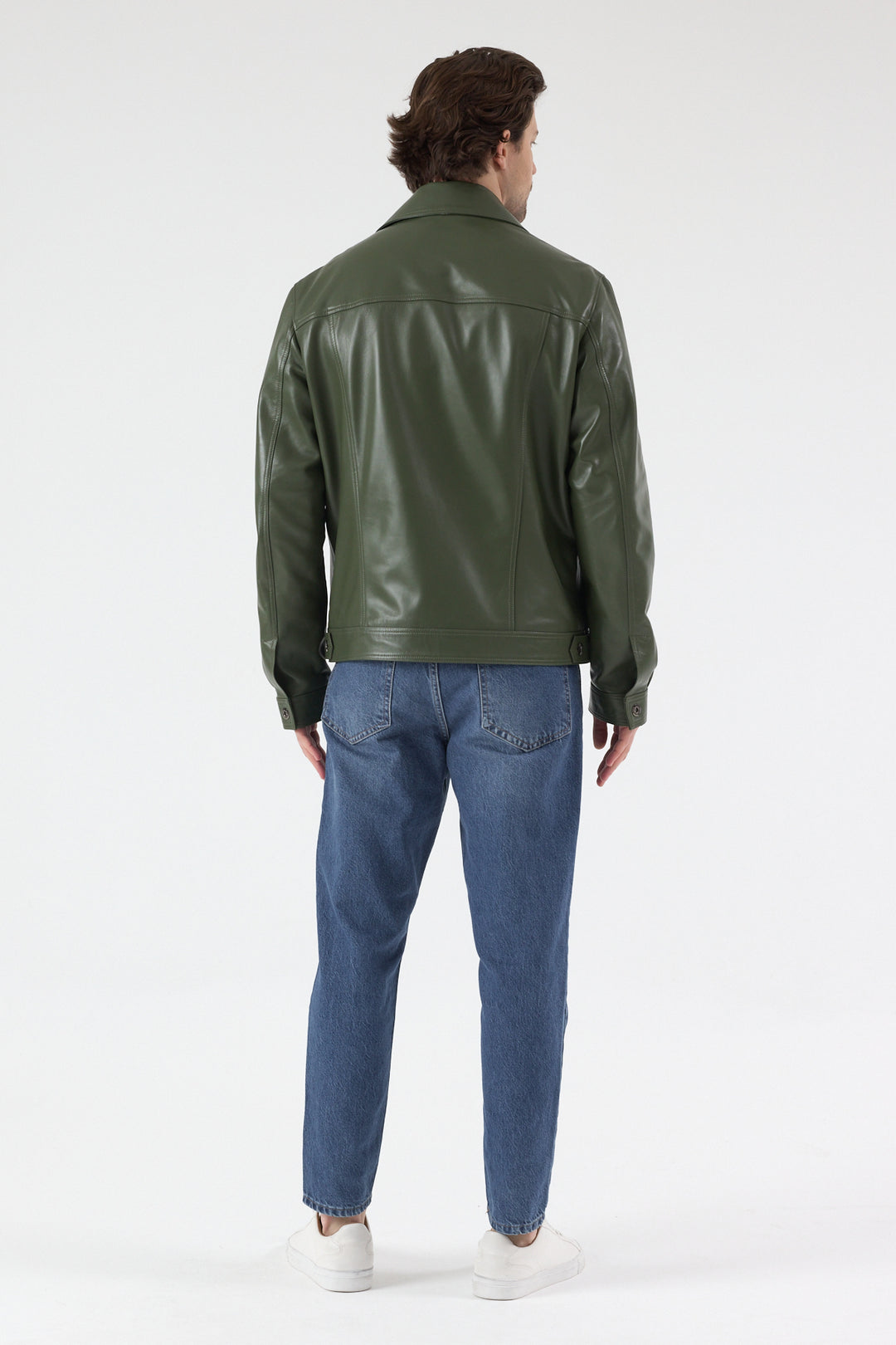 Back view of Oliver men's khaki nappa leather jacket in 100% British leather
