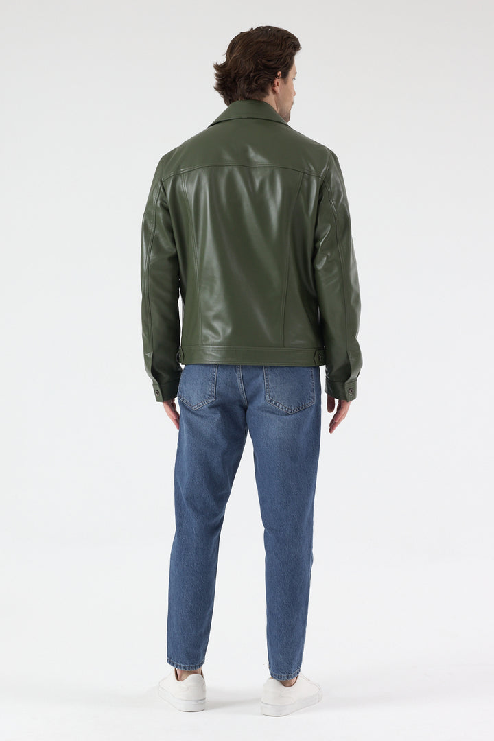 Back view of Oliver men's khaki nappa leather jacket in 100% British leather