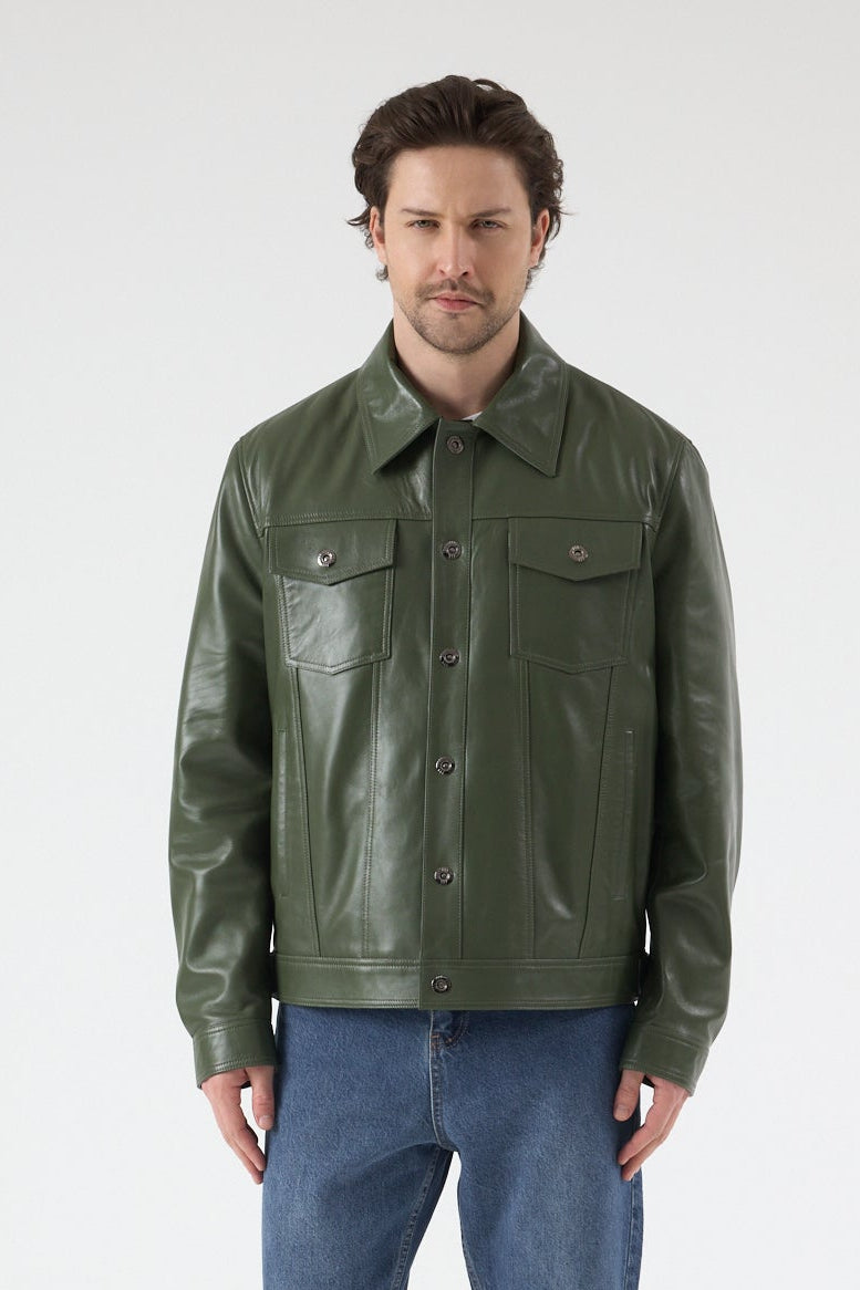Front full view of Oliver men's khaki leather jacket with snap-button fastening