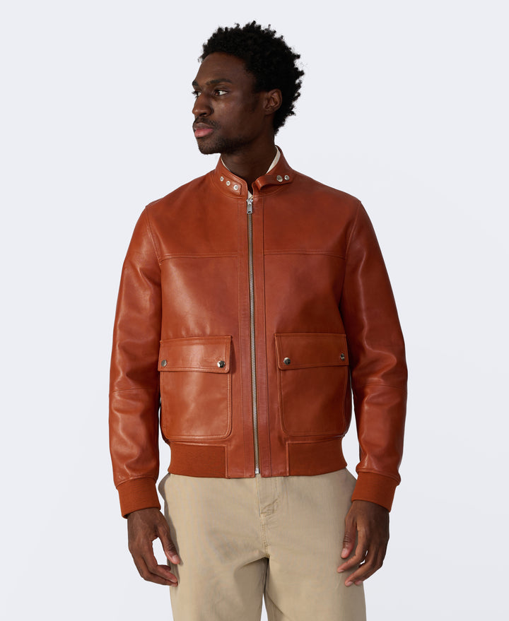 Rafe men's whisky leather jacket angled front view