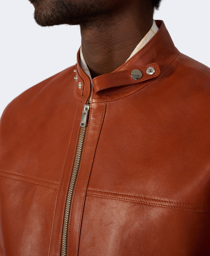 Rafe men's whisky leather jacket stand collar detail