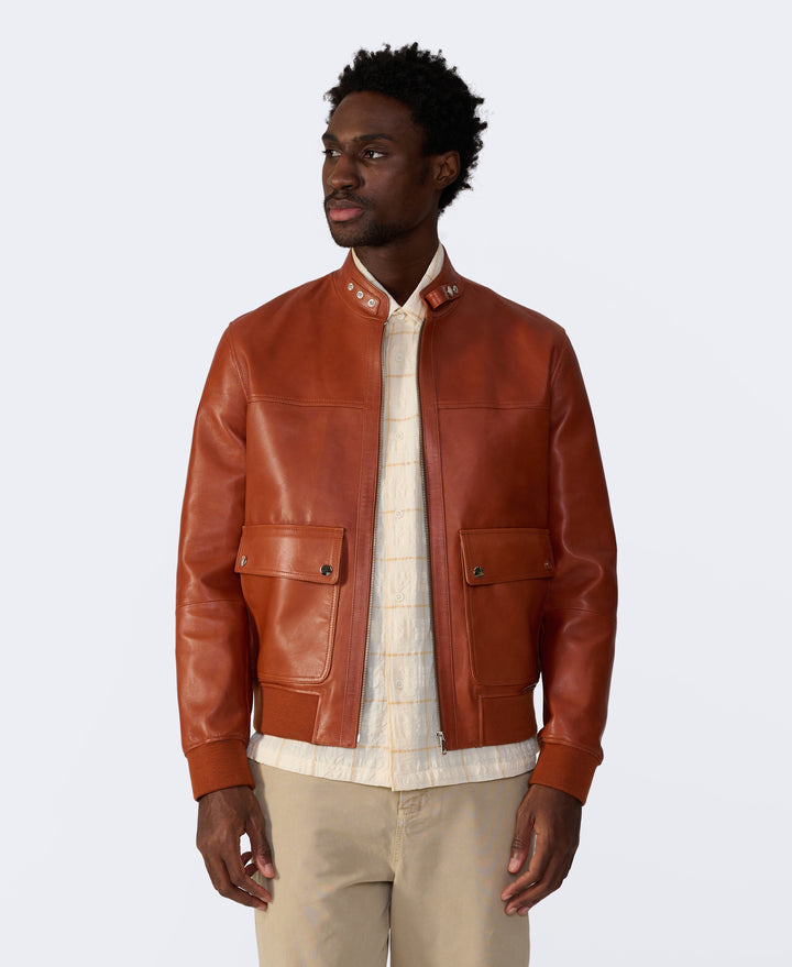 Rafe men's whisky leather jacket front view in premium British leather