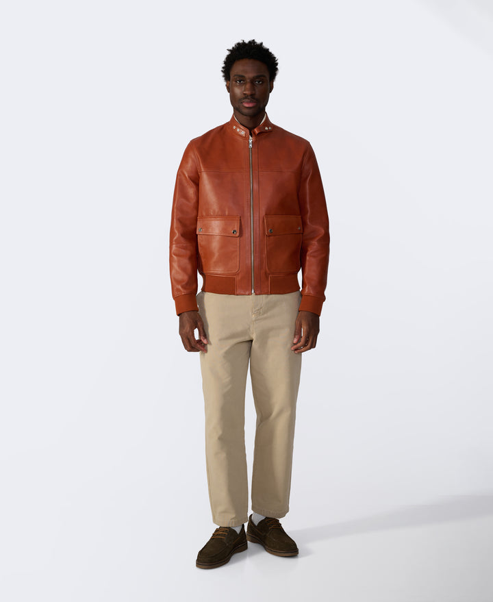 Rafe men's whisky leather jacket full length styling image