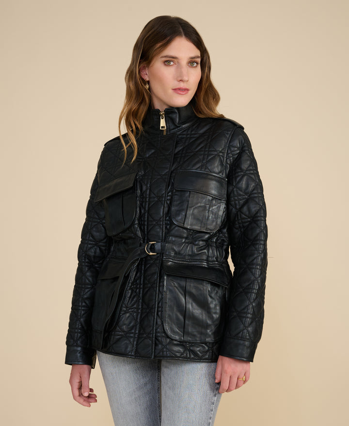 Rear view of the Reese black quilted leather field jacket highlighting quilted detailing and fitted waist
