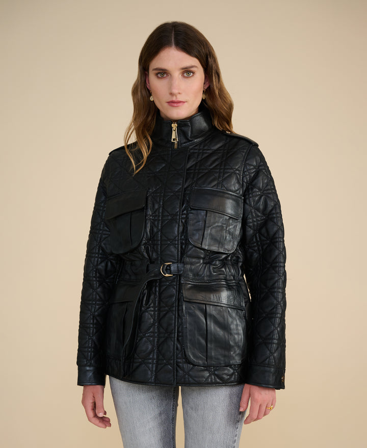 Reese black belted leather field jacket with utility pockets and tailored silhouette