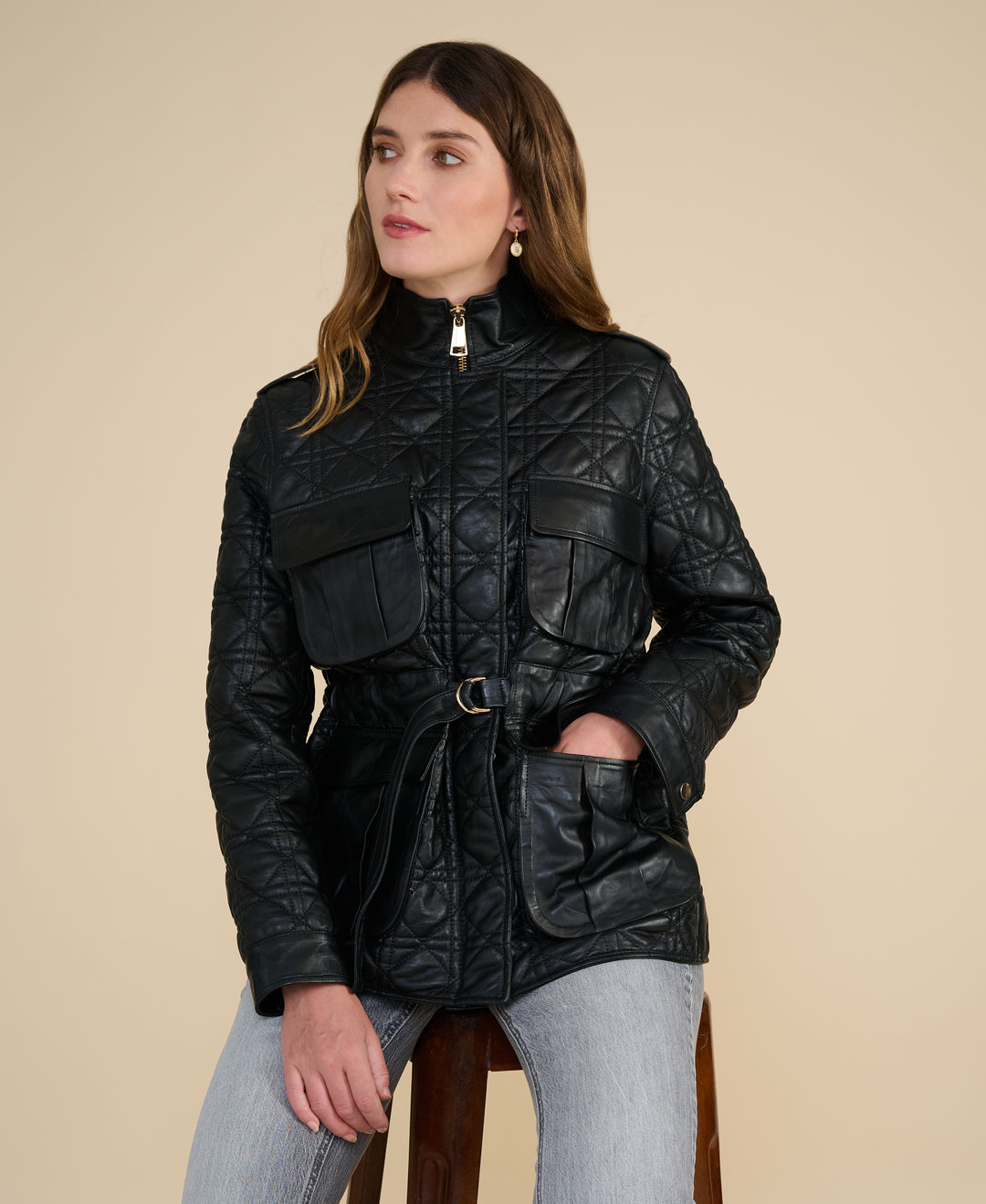 Model wearing the Reese black quilted leather field jacket for Fall Winter 2026/2027