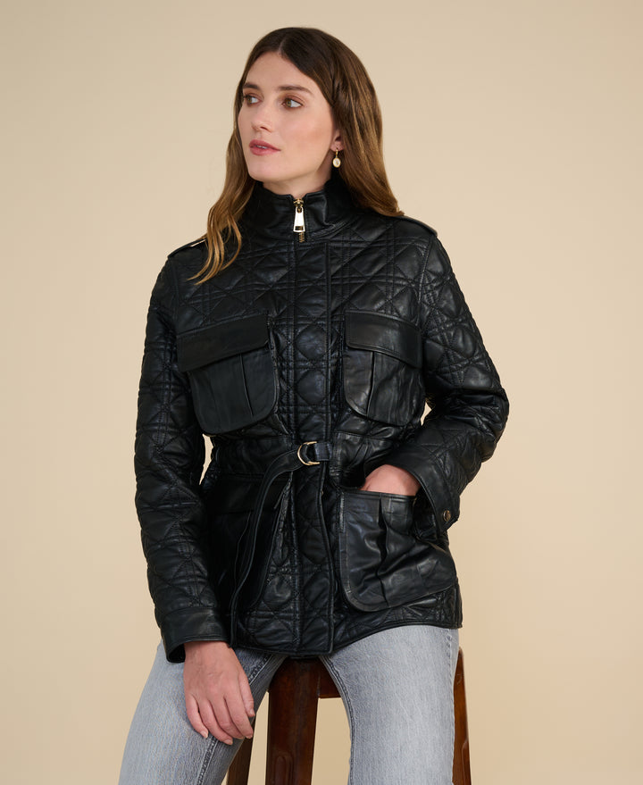Model wearing the Reese black quilted leather field jacket for Fall Winter 2026/2027