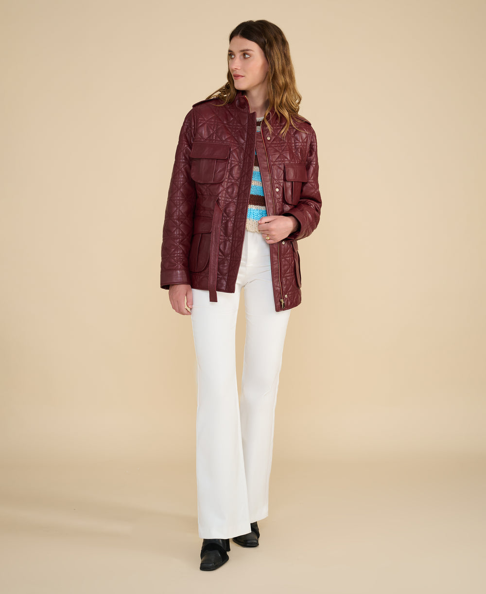 Reese burgundy quilted leather field jacket styled open for Fall Winter 2026/2027