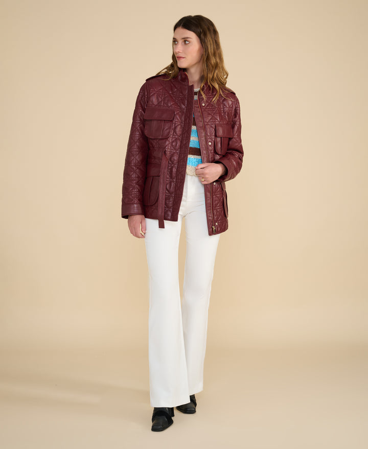 Reese burgundy quilted leather field jacket styled open for Fall Winter 2026/2027