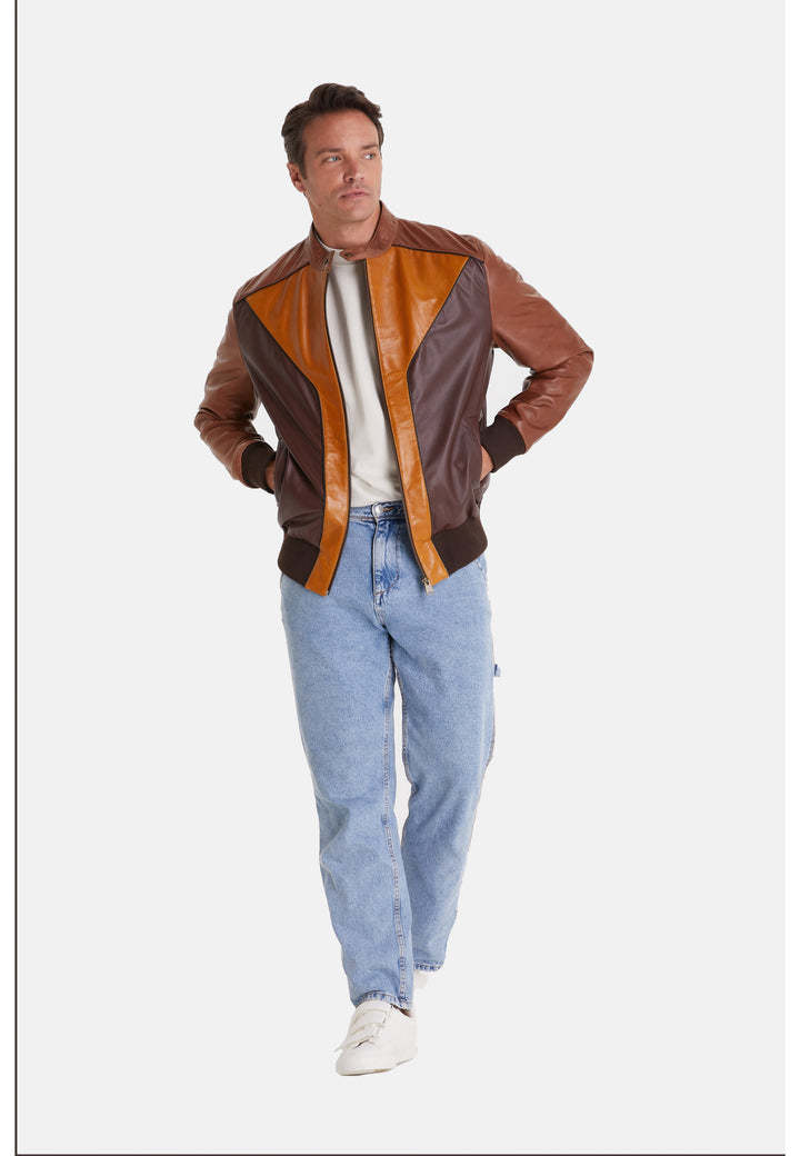 Men's Leather Fashion Jacket, Brown Multicolor