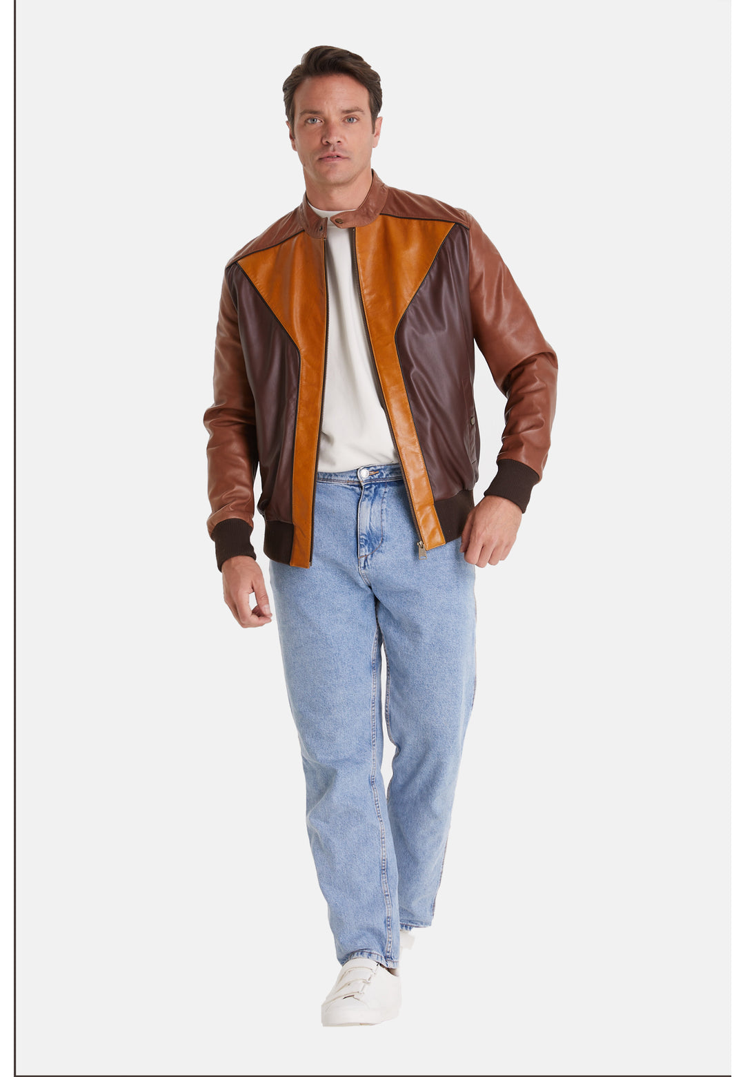 Men's Leather Fashion Jacket, Brown Multicolor