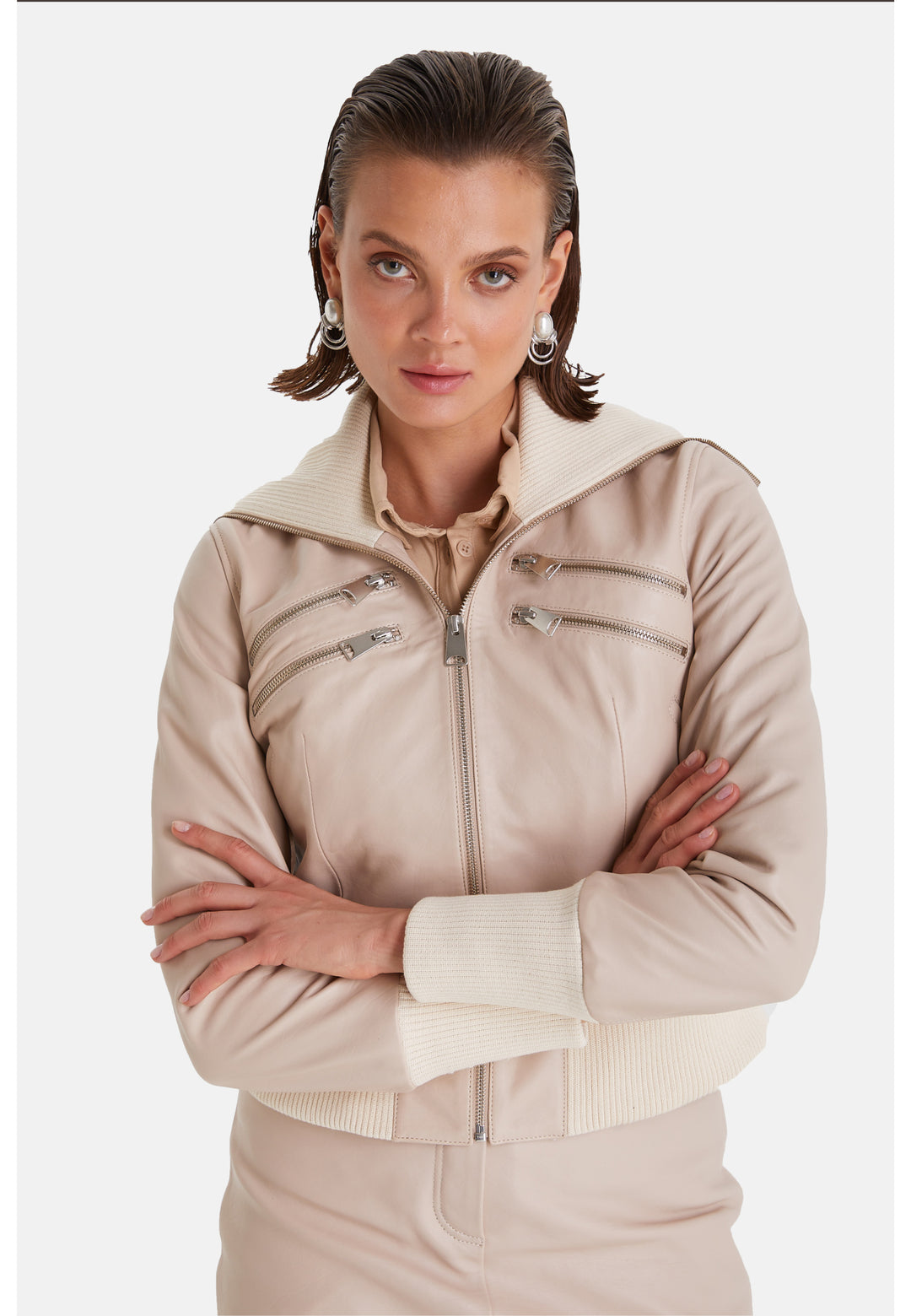 Genuine Leather Bomber Jacket, Beige Nappa
