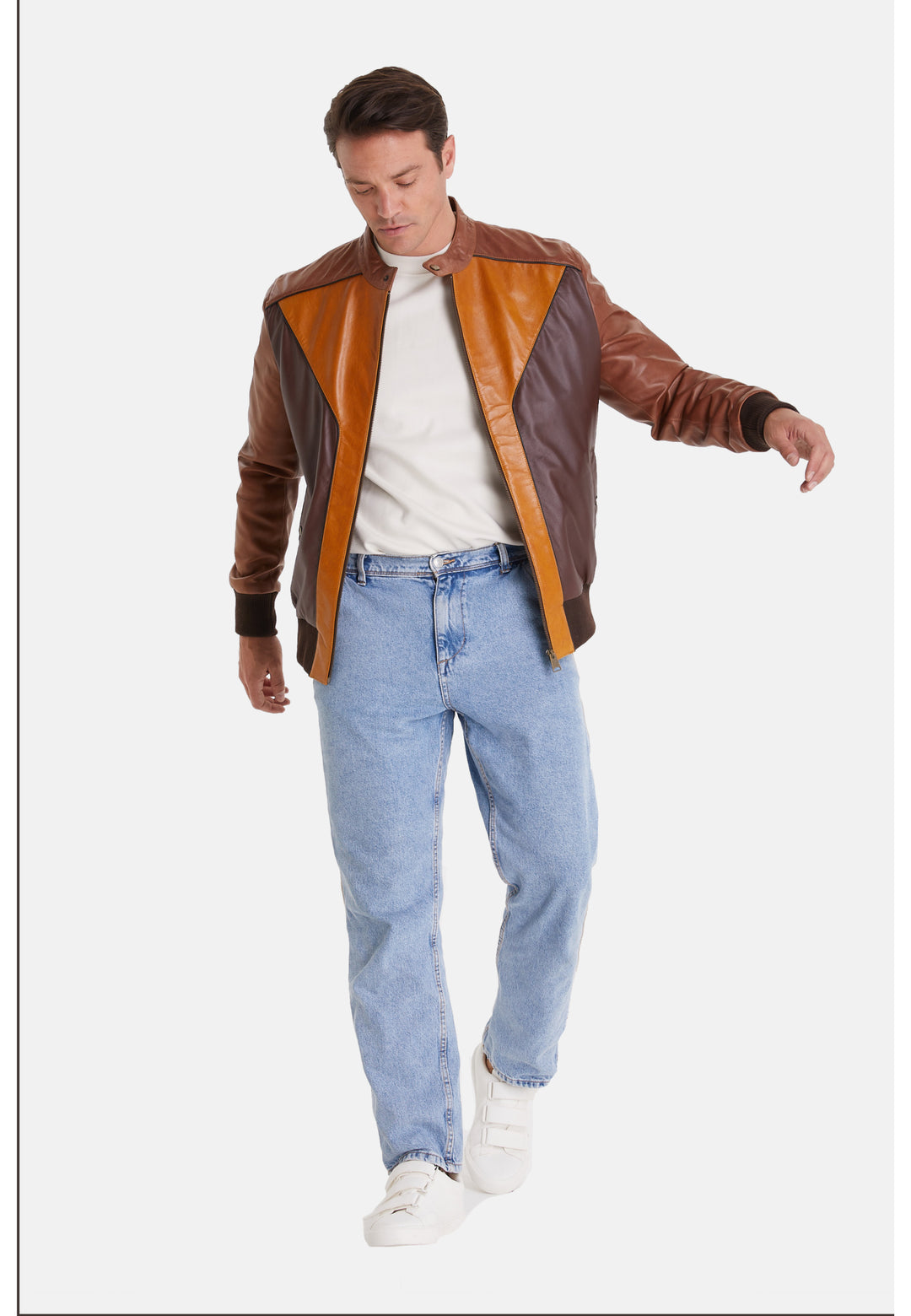 Men's Leather Fashion Jacket, Brown Multicolor