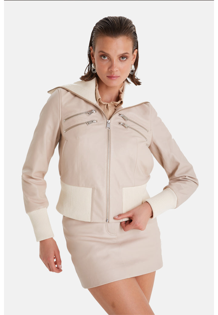 Genuine Leather Bomber Jacket, Beige Nappa