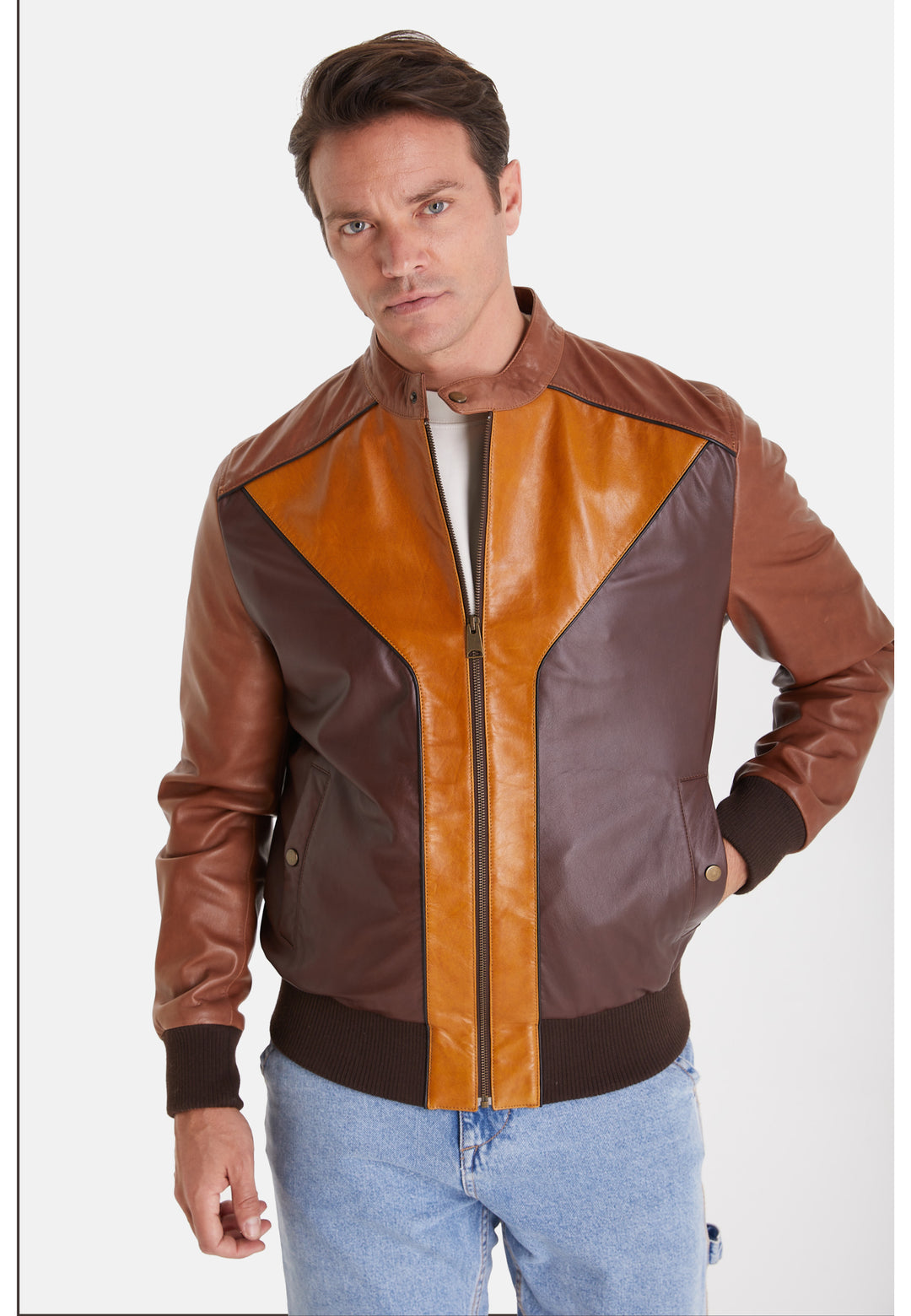Men's Leather Fashion Jacket, Brown Multicolor