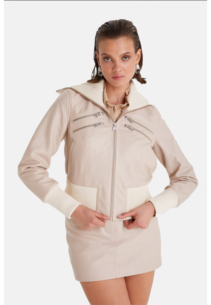 Genuine Leather Bomber Jacket, Beige Nappa