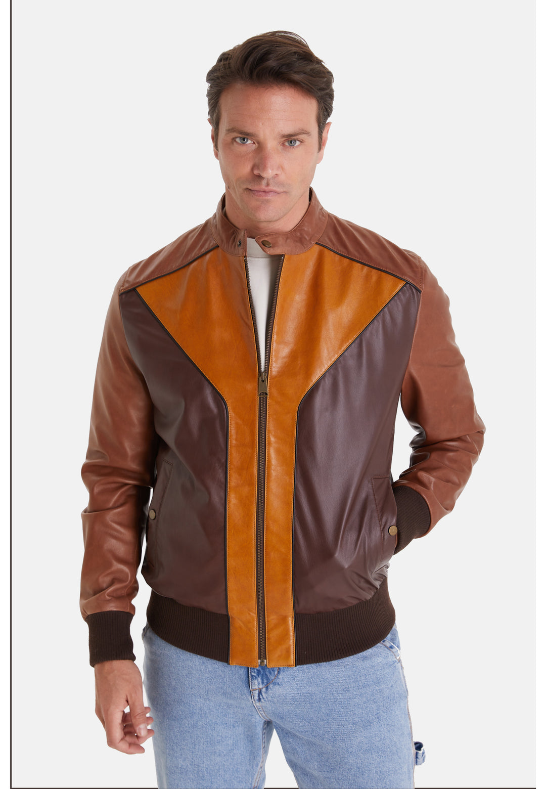 Men's Leather Fashion Jacket, Brown Multicolor