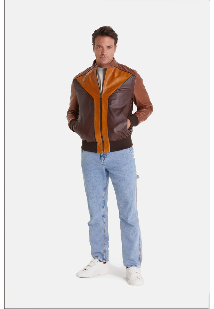 Men's Leather Fashion Jacket, Brown Multicolor