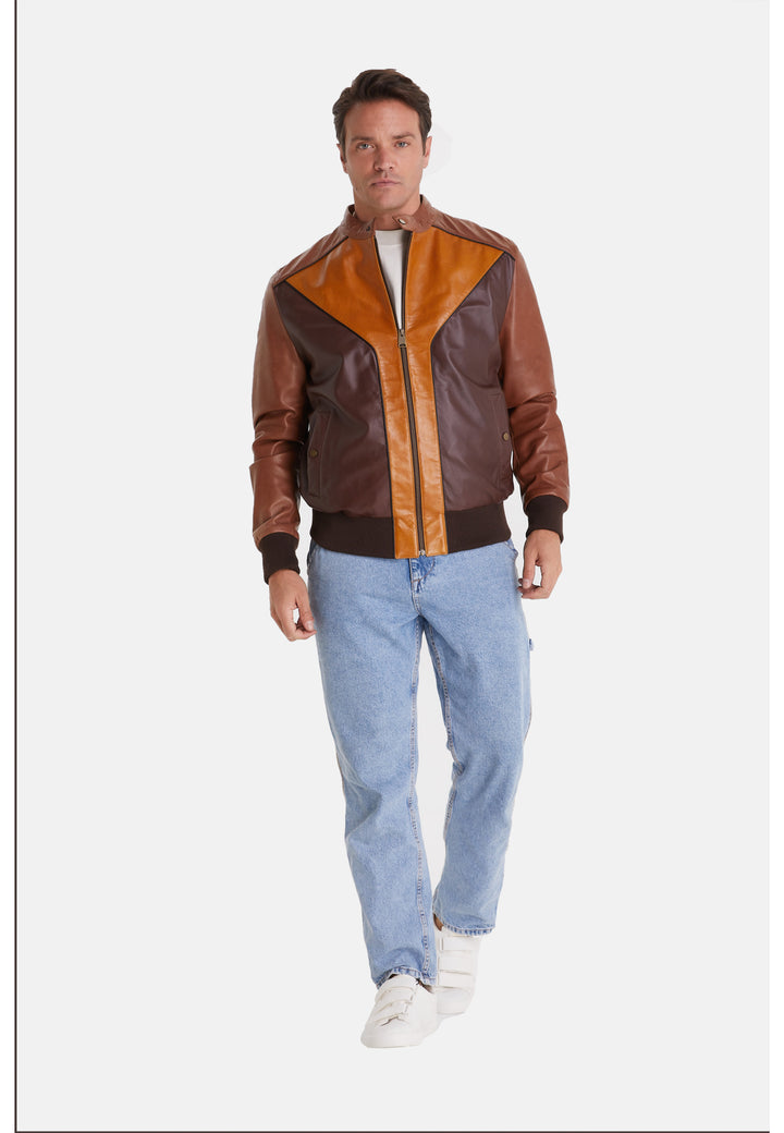 Men's Leather Fashion Jacket, Brown Multicolor