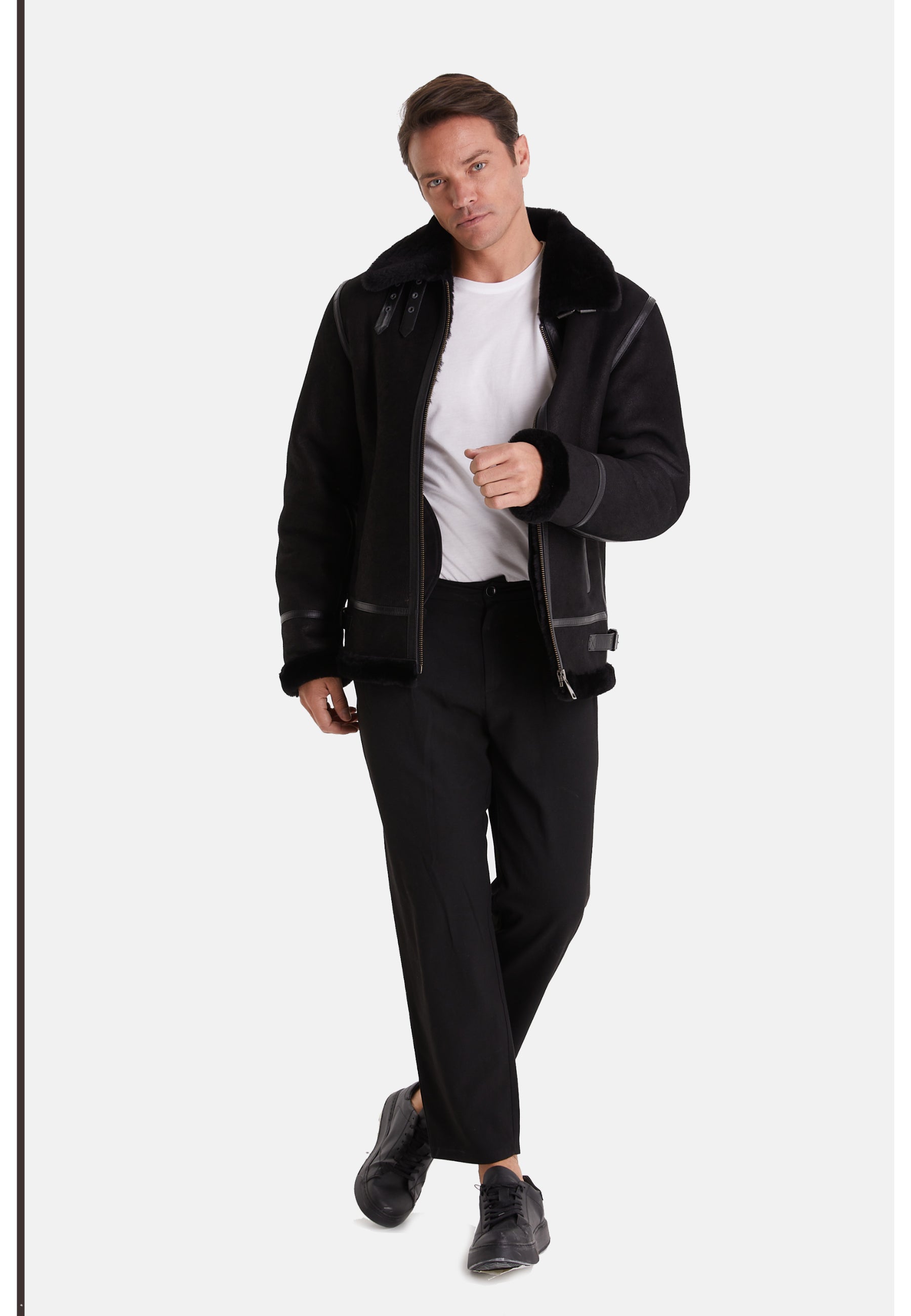 Men's Shearling Aviator Jacket, Washed Black with Black Wool