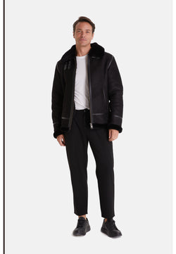 Image of Men's Shearling Aviator Jacket, Washed Black with Black Wool