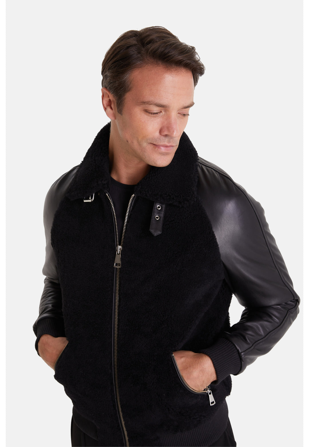Men's Shearling Jacket, Silky Black With Black Curly Wool