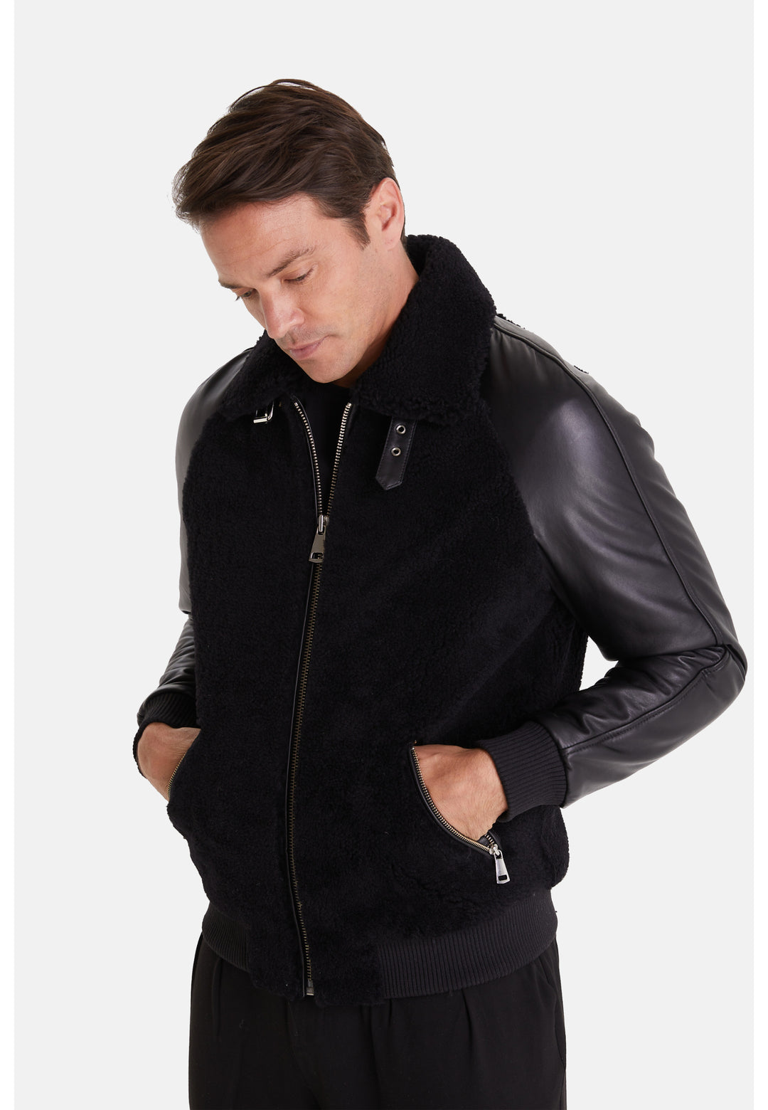 Men's Shearling Jacket, Silky Black With Black Curly Wool