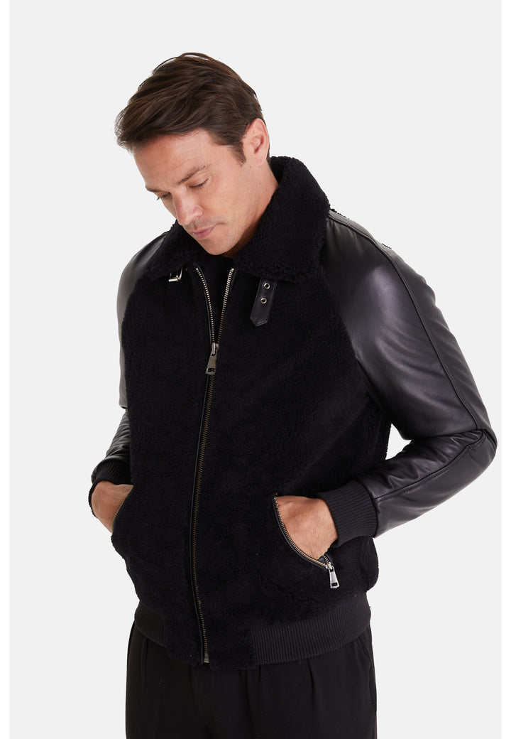 Men's Shearling Jacket, Silky Black With Black Curly Wool