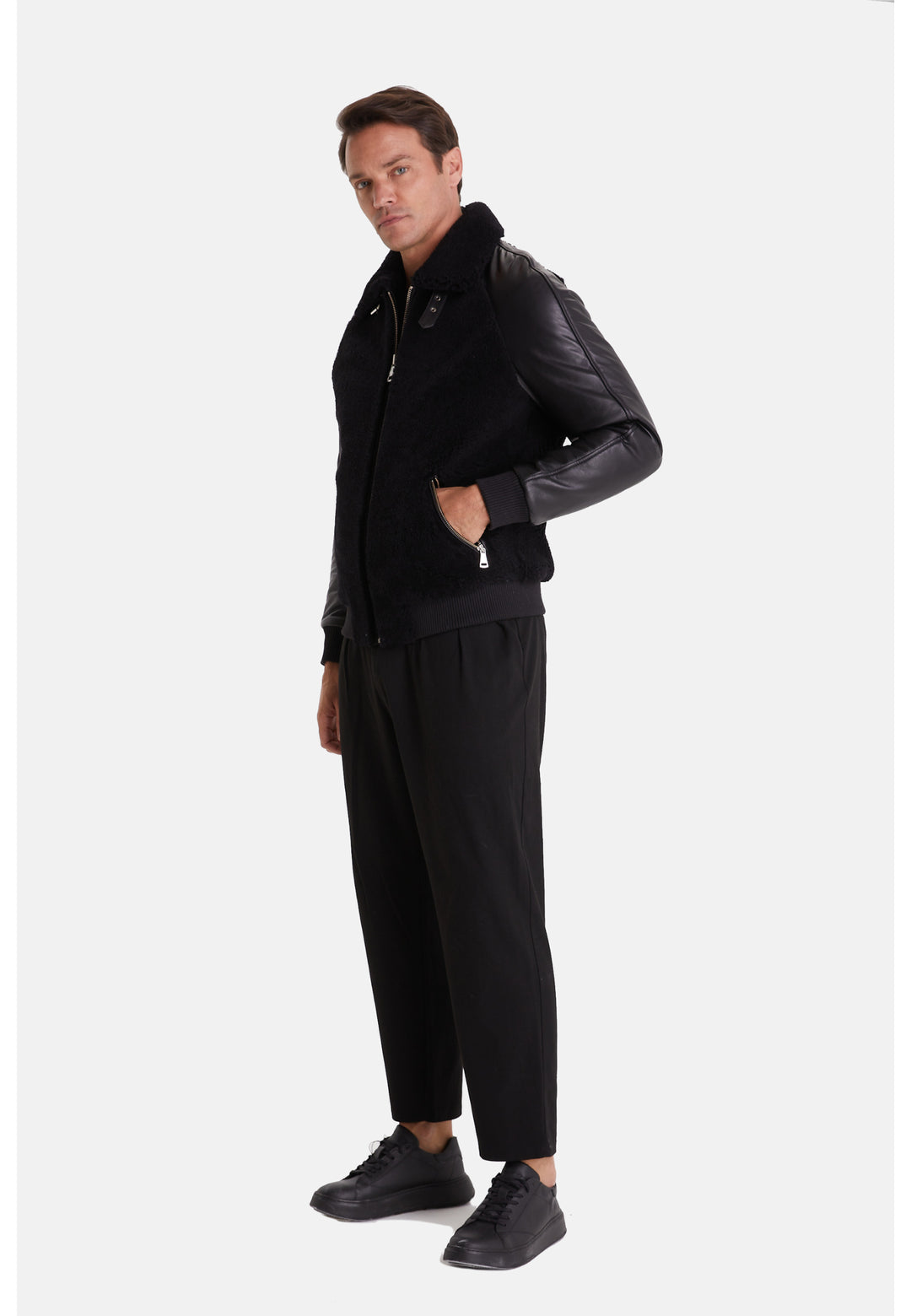 Men's Shearling Jacket, Silky Black With Black Curly Wool