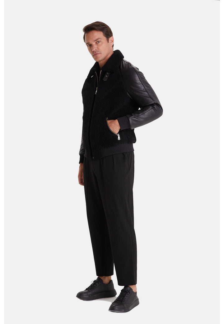 Men's Shearling Jacket, Silky Black With Black Curly Wool