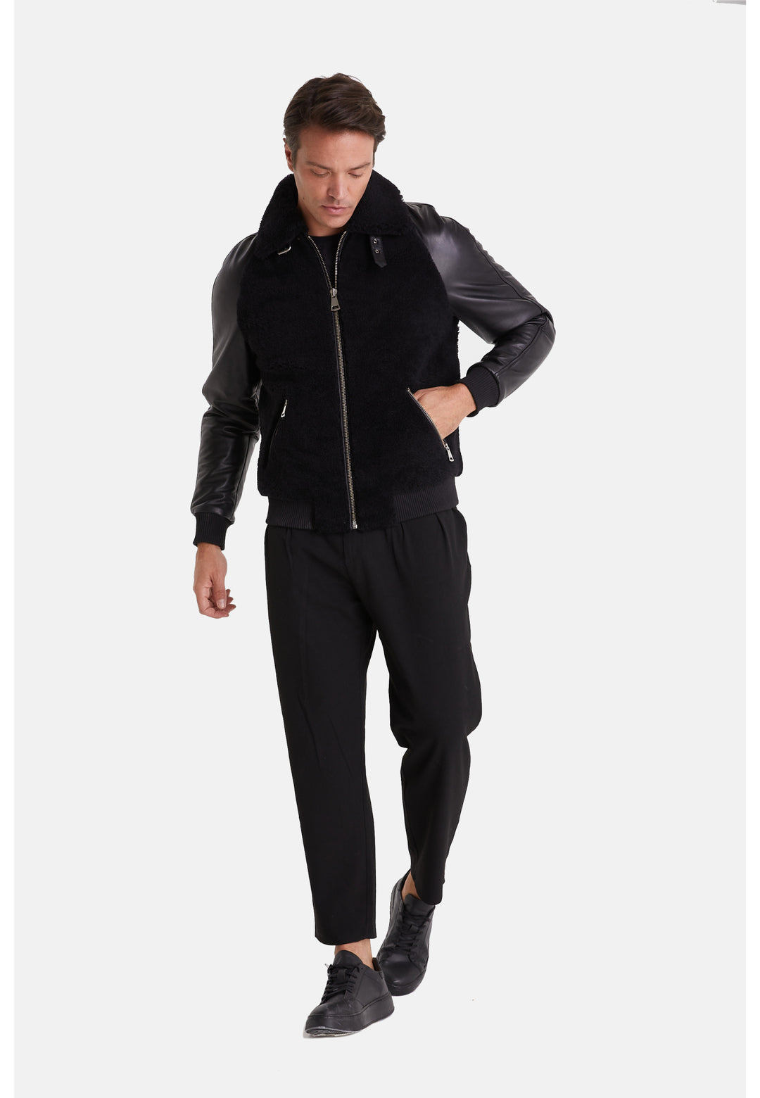 Men's Shearling Jacket, Silky Black With Black Curly Wool