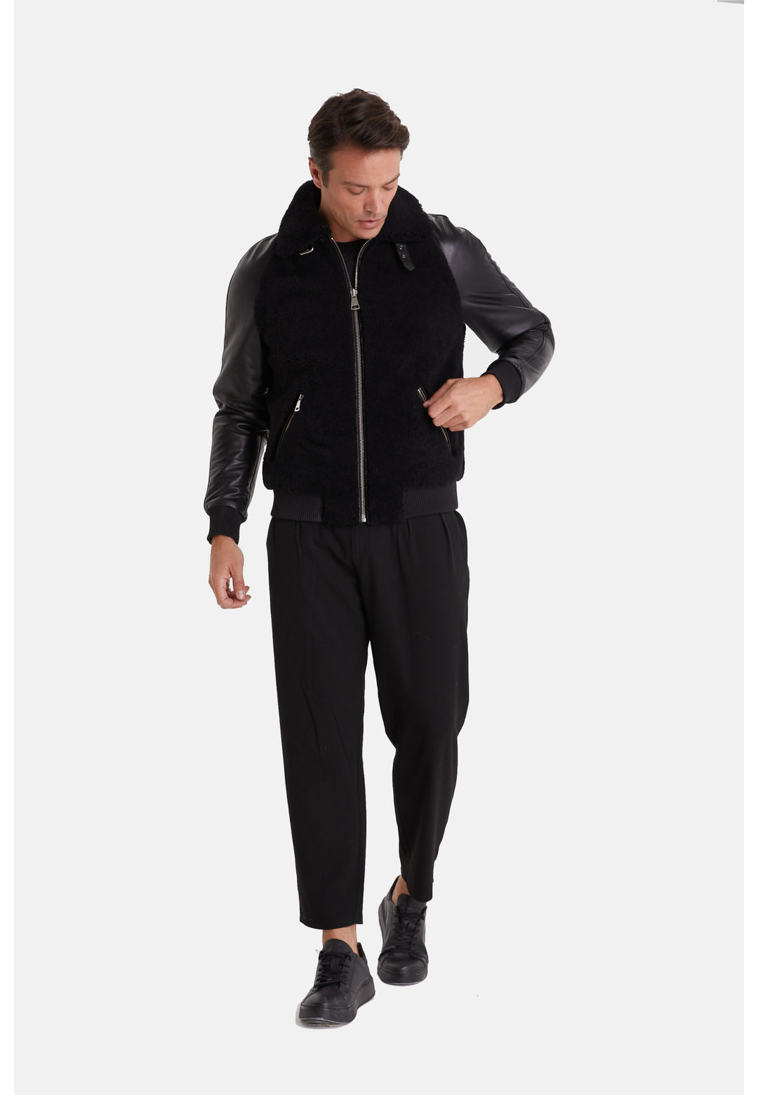 Men's Shearling Jacket, Silky Black With Black Curly Wool