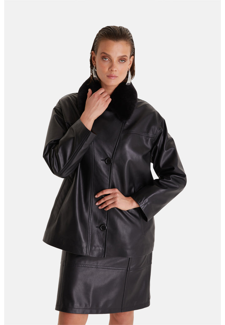 Women's Genuine Leather Trench Coat, Black