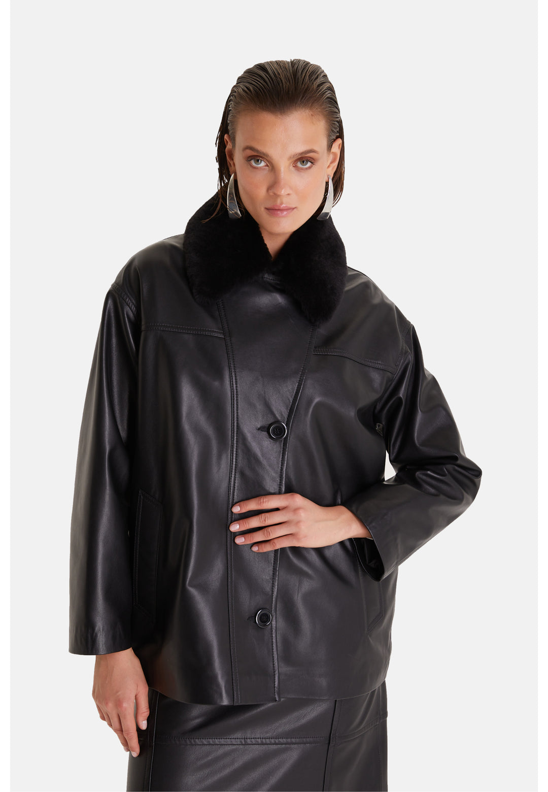 Women's Genuine Leather Trench Coat, Black