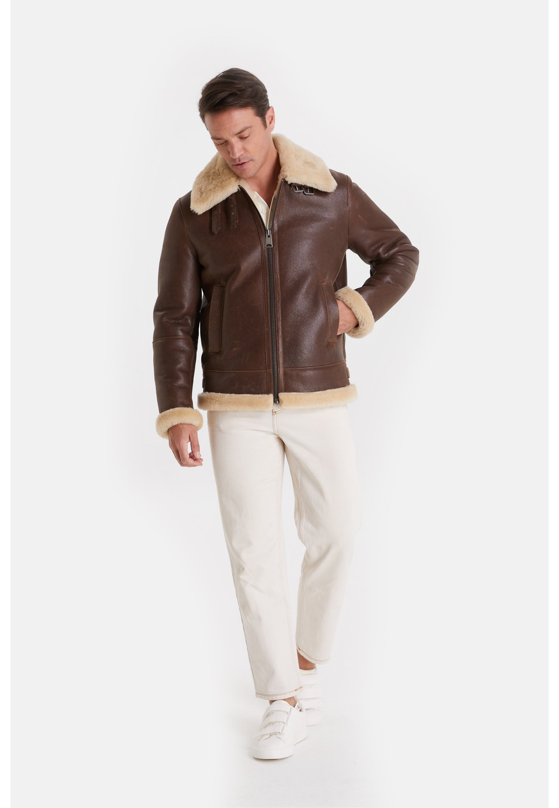 Men's Shearling Aviator Jacket ,Vintage Camel With Champagne Wool