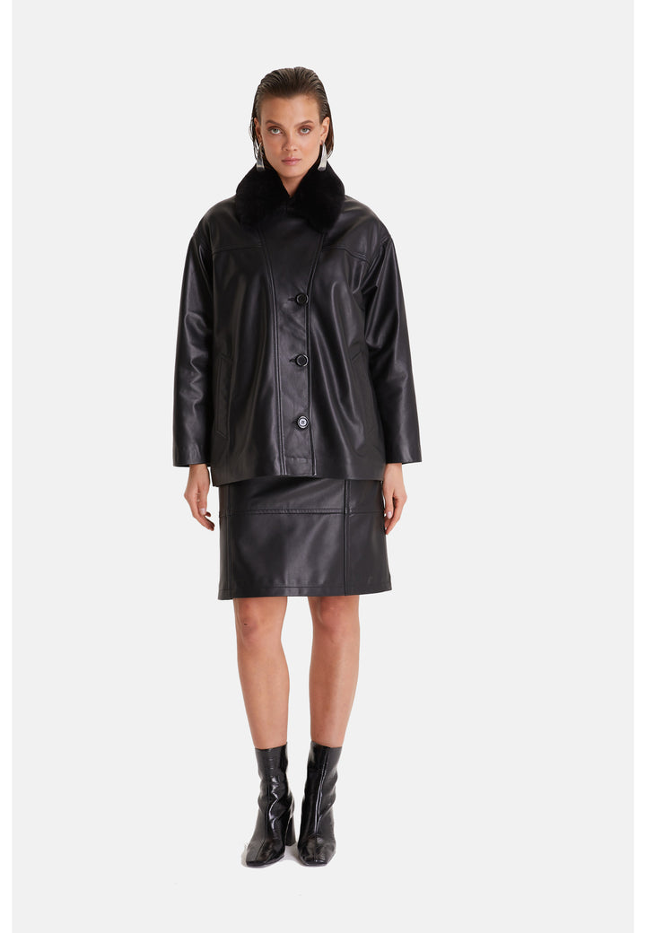 Women's Genuine Leather Trench Coat, Black