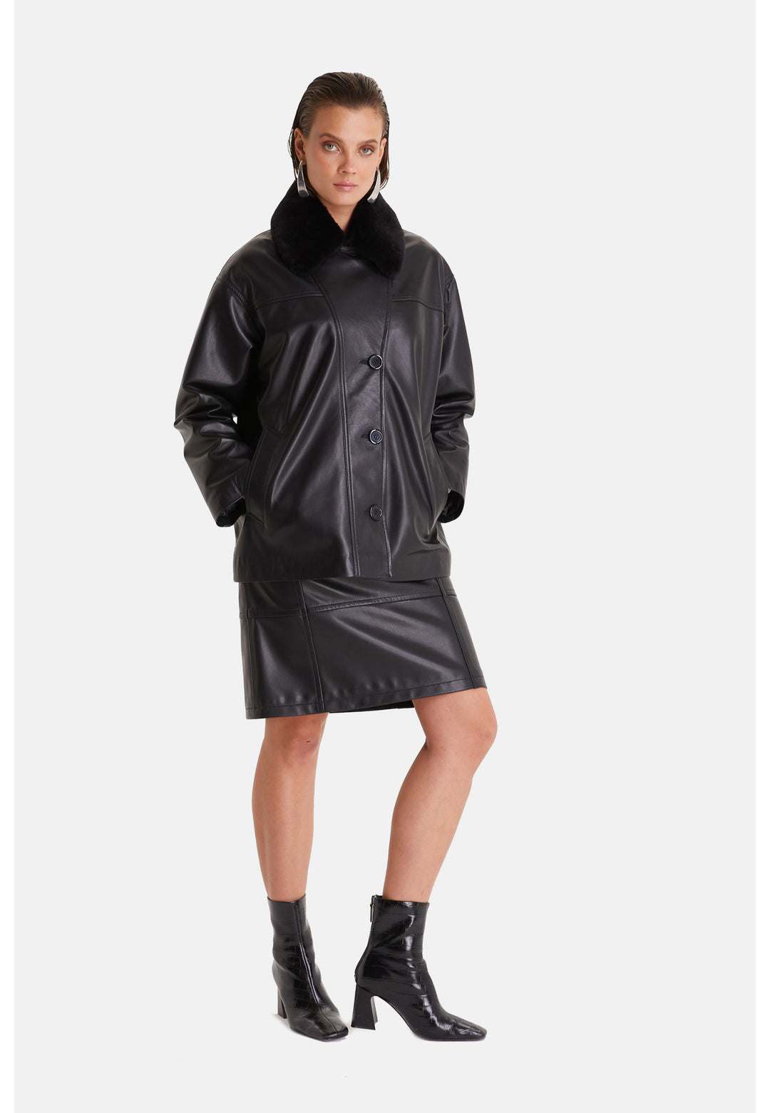 Women's Genuine Leather Trench Coat, Black