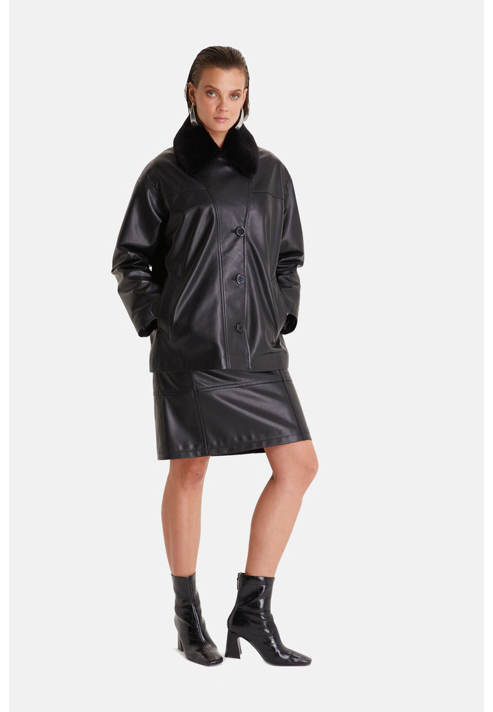 Women's Genuine Leather Trench Coat, Black