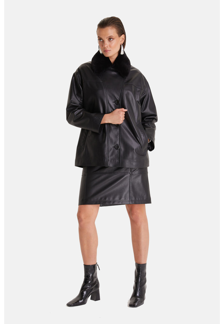 Women's Genuine Leather Trench Coat, Black