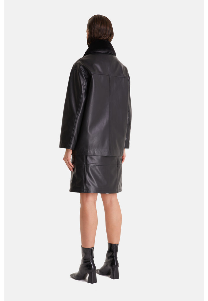 Women's Genuine Leather Trench Coat, Black
