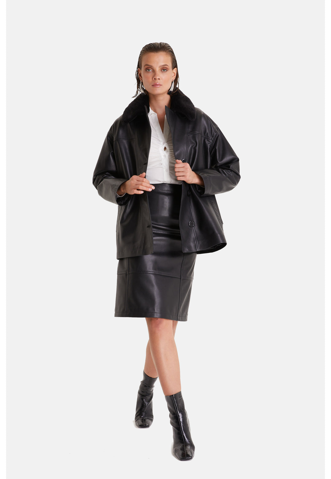 Women's Genuine Leather Trench Coat, Black