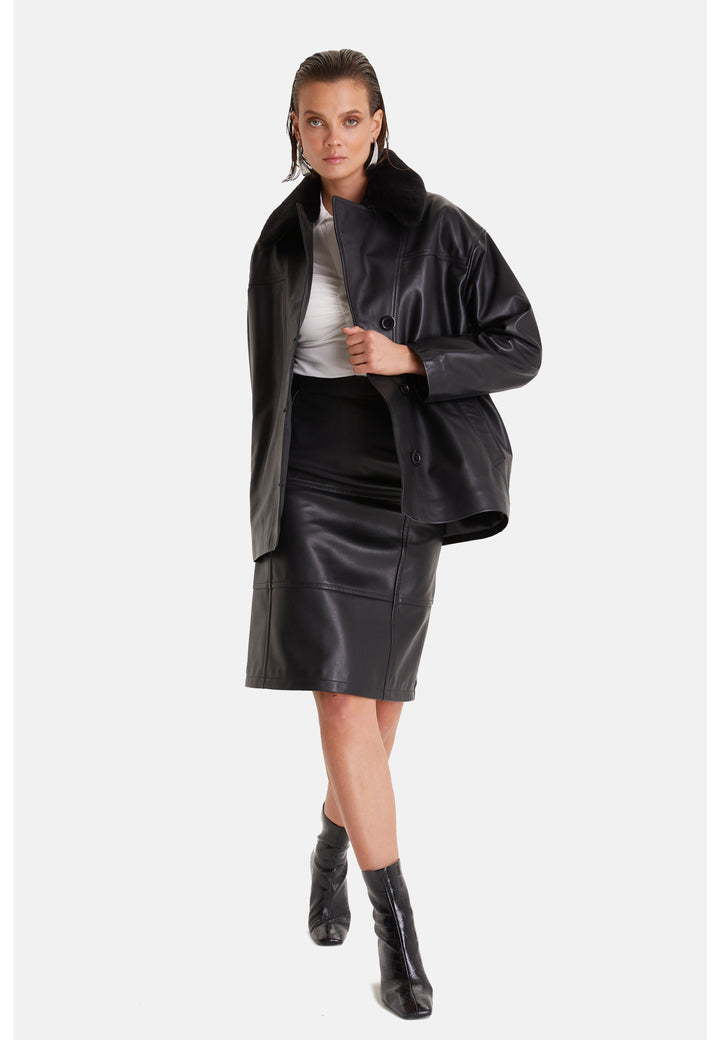 Women's Genuine Leather Trench Coat, Black