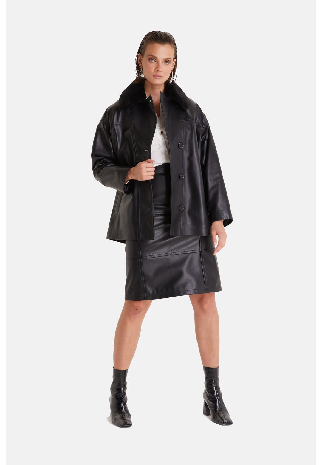 Women's Genuine Leather Trench Coat, Black
