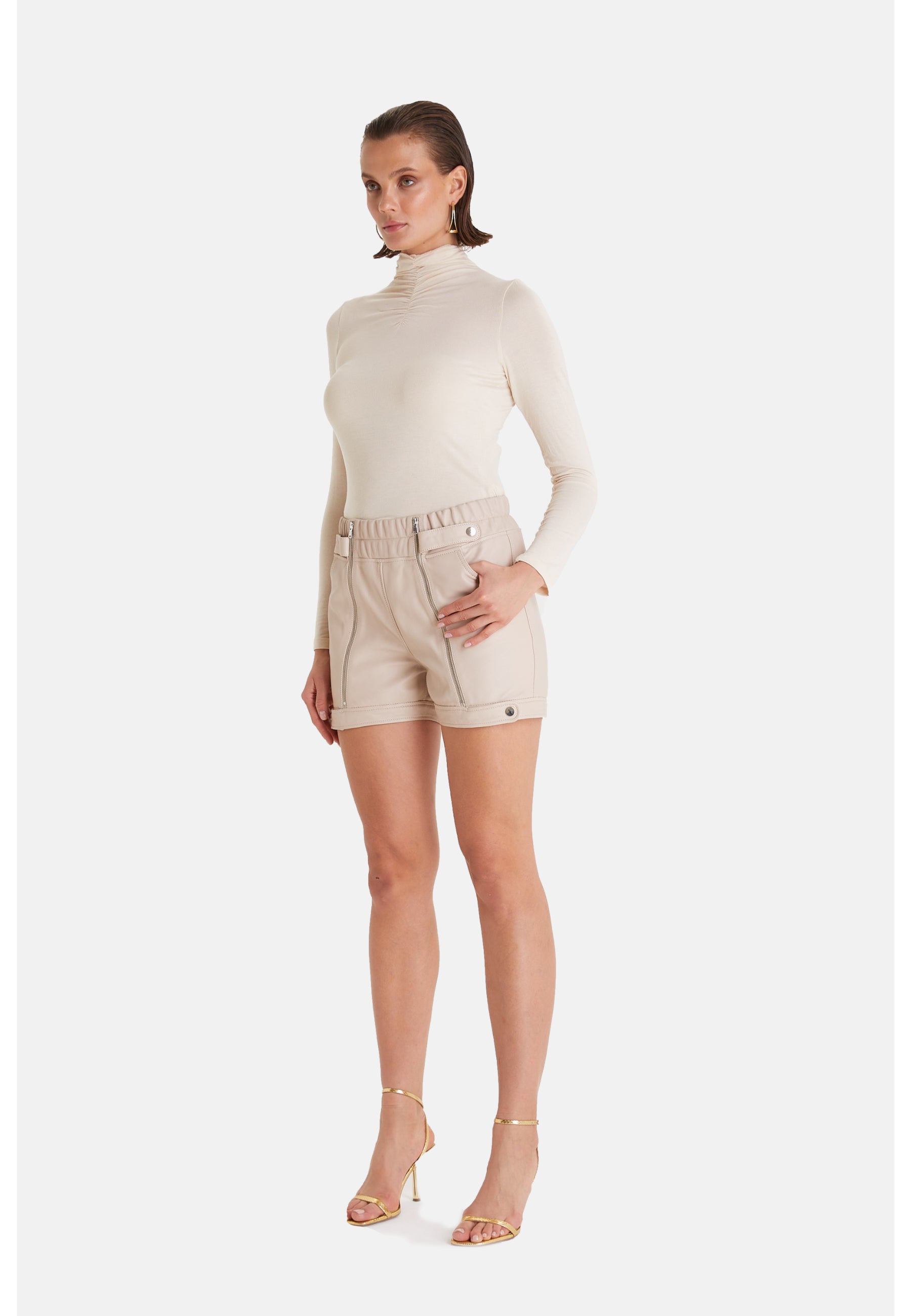 Women's Leather Fashion Short, Beige